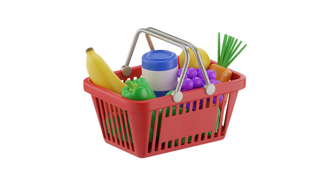 3d render of a red shopping basket filled with fresh groceries, including fruits, vegetables, and a container, symbolizing market, retail, and healthy eating, isolated on transparent background