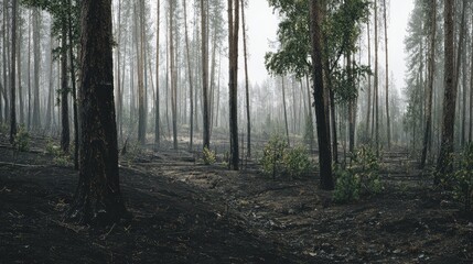 Fototapeta premium Burnt forest floor and charred pine tree trunks standing tall with emerging young green saplings, symbolizing recovery and resilience after a wildfire disaster
