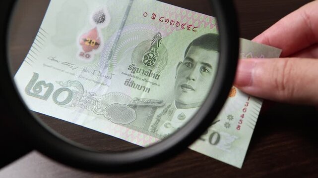 Examination of 20 Thai baht (THB) cash money with magnfication glass, loupe. Concept of authenticity check, fight against counterfeiting of banknotes, anti fraud measures in Thailand. Close up view.