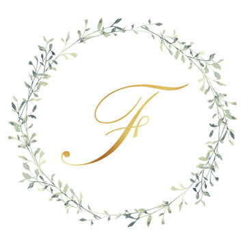 Watercolor gold letter B inside a delicate greenery wreath. Elegant botanical monogram for wedding invitations, logos, branding, greeting cards and printable wall art.