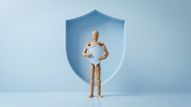 Guardian of Protection: A wooden figure embodies security, holding a shield against a minimalist blue backdrop, symbolizing safety and defense. 