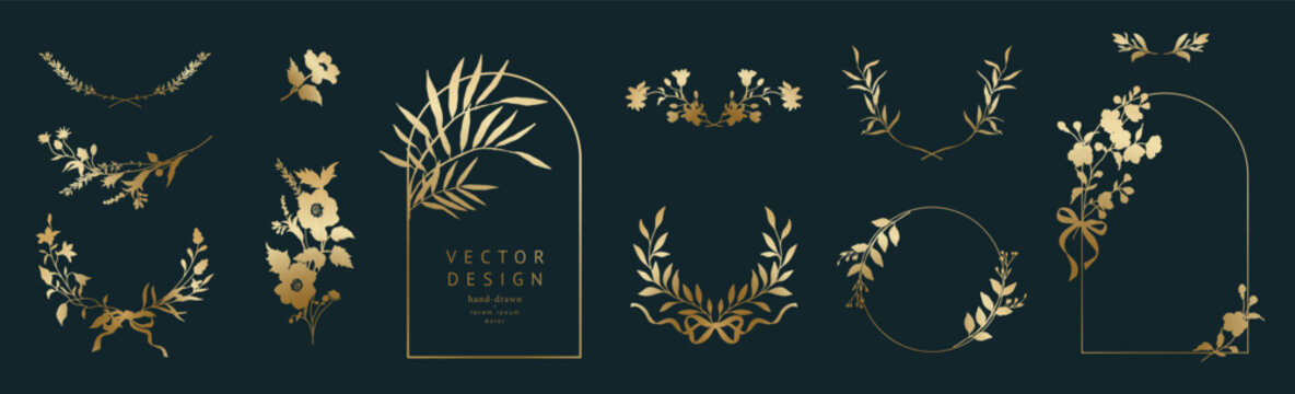 Luxury elegant golden floral frames on a dark background. Botanical vintage vector illustration for label, logo, branding, wedding invitation, save the date