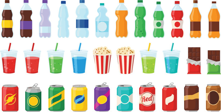 Collection of Soft Drinks, Sodas, Bottled Water, Juices, and Snacks with Popcorn, Chocolate, and Cans for Food and Beverage Concepts