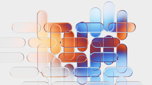 Glossy glass plates with vibrant orange and blue scattered reflection. Abstract background.