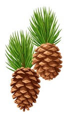 Fototapeta premium Digitally rendered illustration of two conifer pinecones with needles attached. The cones are brown and detailed, the needles green