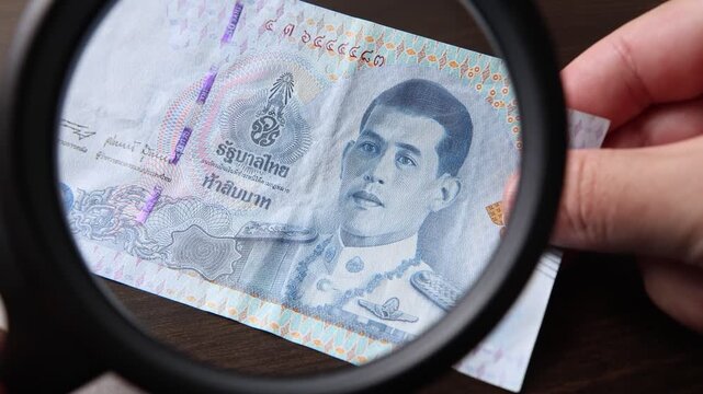 Examination of 50 Thai baht (THB) cash money with magnfication glass, loupe. Concept of authenticity check, fight against counterfeiting of banknotes, anti fraud measures in Thailand. Close up view.