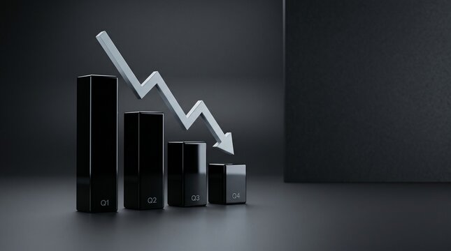 Economic Downturn: A symbolic depiction of economic decline, visualized through a descending white arrow against a backdrop of diminishing black bar graphs.