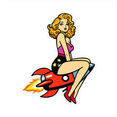 Obraz premium vector illustration drawing of Pinup Girl Sitting on Rocket