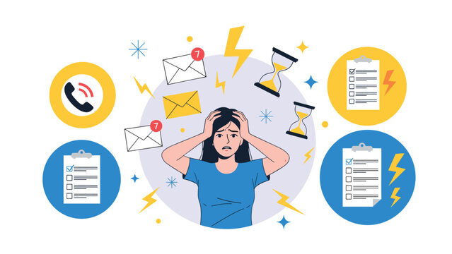 Stressed woman with hands on her head, overwhelmed by multiple tasks, emails, phone calls, and deadlines, symbolizing burnout and multitasking challenges.