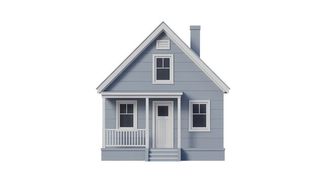3d rendering of a charming blue suburban house with a front porch, a chimney, and white trim, isolated on transparent background