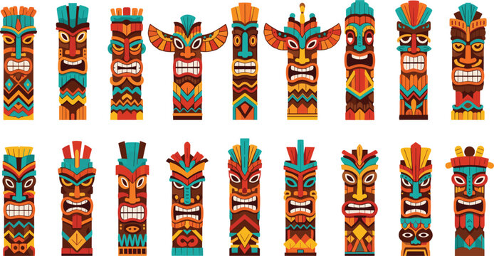 Set of Colorful Tribal Tiki Masks with Bold Expressions for Hawaiian, Polynesian, and Island Culture Designs