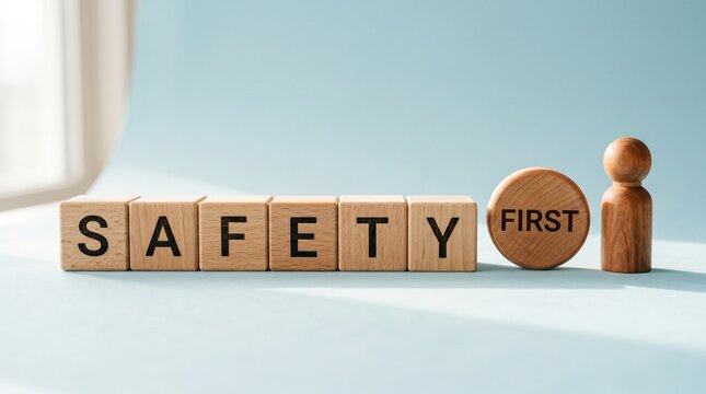 Safety First: a wooden block arrangement that conveys the core message of safety. It's a symbolic illustration of a crucial principle applicable in multiple fields.