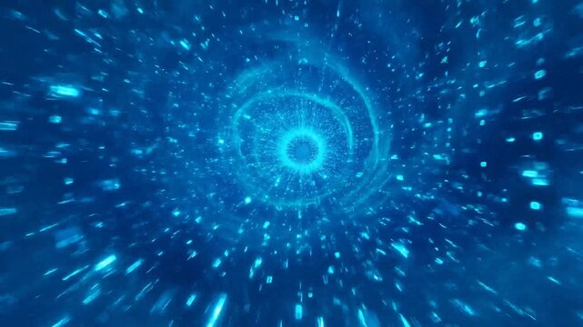 Abstract Blue Swirling Vortex of Light Particles Creating a Tunnel Effect with Ripples and Streaks of Energy Against a Dark Background