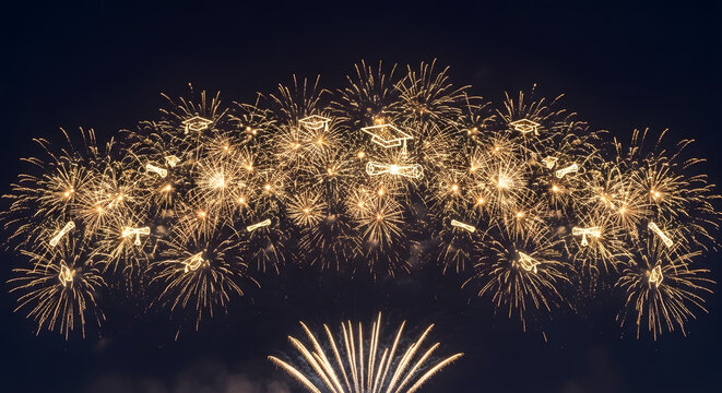 Graduation celebration with golden fireworks shaped like mortarboards and diplomas