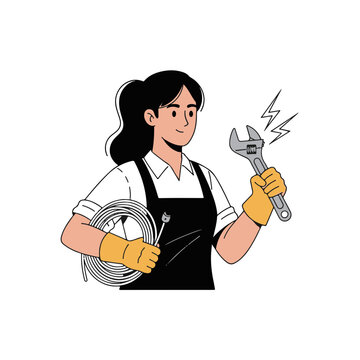Electrician Woman Proudly Holding Wrench and Electrical Cable Ready for Service