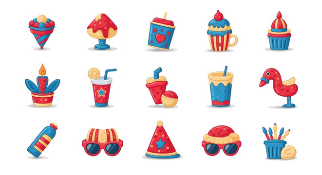 Colorful Fiesta Party Summer Vacation Icons.