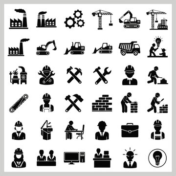 Industrial and Construction Icons Featuring Workers Machinery and Management Concepts