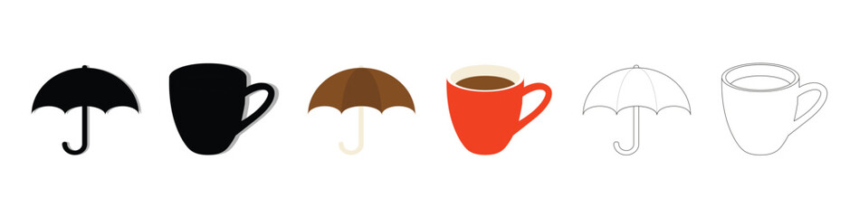 Cozy autumn comfort concept with hot coffee cup icon black and outline warm drink in rainy day lifestyle flat. Autumn silhouette collection set with acorn squirrel coffee cup, vector illustration. © Chekin