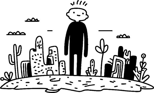 Person standing among cactus plants in desert landscape