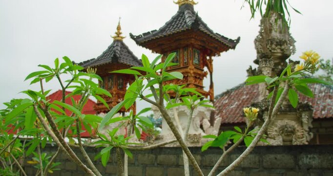 Sacred temple towers viewed through tropical foliage in Bali Nusa Penida Indonesia