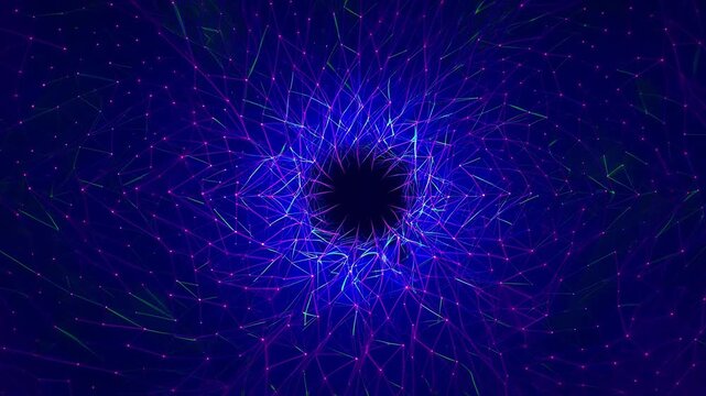 Abstract Digital Vortex Swirling Cosmic Particles Blue Purple Green Lights Dark Center Deep Space Nebula Motion Background