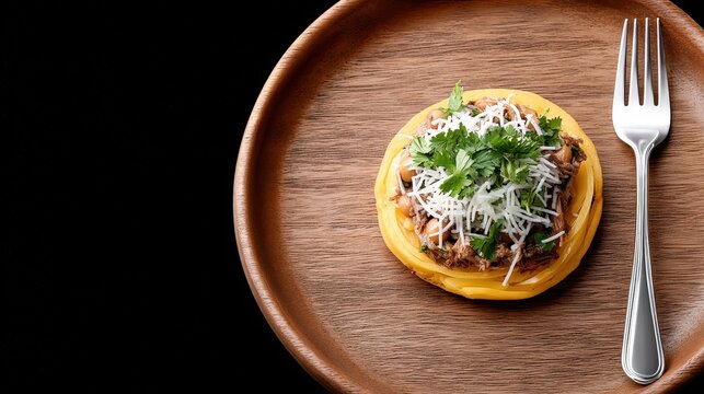 Top view of chole bhature and chicken curry on wooden table during lunch with various side dishes