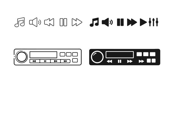 Car Radio Icon Set Featuring Audio Player Panels in Line and Solid Styles; Includes Media Control Buttons for Play, Pause, Skip, Volume, and Music Note; Vector Illustration for Dashboard UI Design.