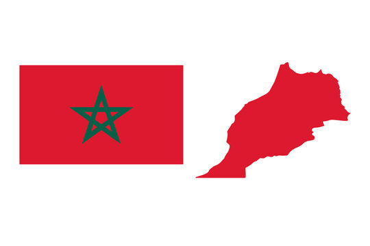 Morocco National Flag and Map Silhouette Set, Official Kingdom of Morocco Emblem Featuring a Red Field with a Green Pentagram Star, North African Country Geography and Identity Vector Illustration