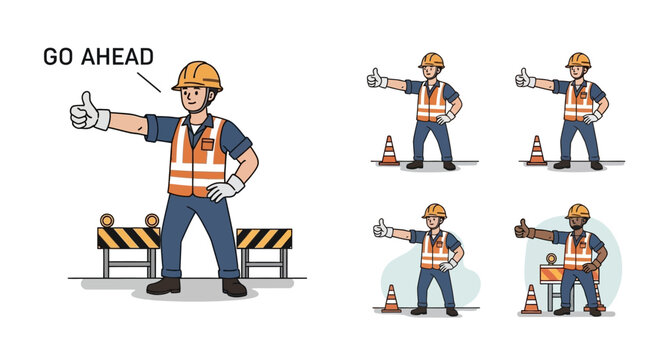 Construction worker directing traffic with hand.