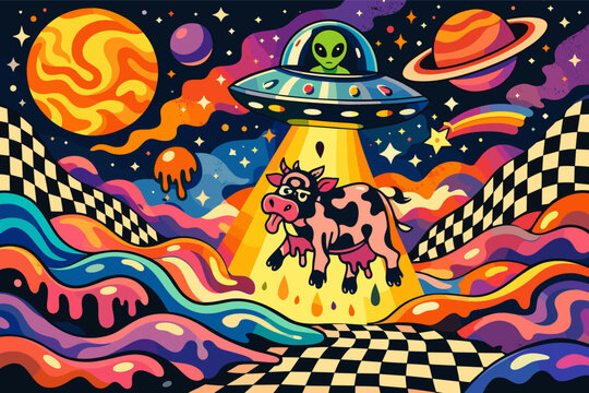 Surreal Psychedelic Space Art Featuring an Alien in a UFO Abducting a Pink Cow over a Vibrant Galaxy Landscape with Melting Colors, Checkerboard Hills, Planets, and Stars in a Trippy Pop Art Style.