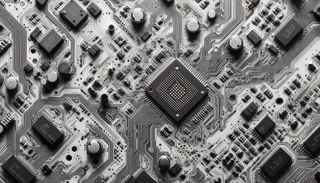 High-detail monochrome monochip and circuit board background