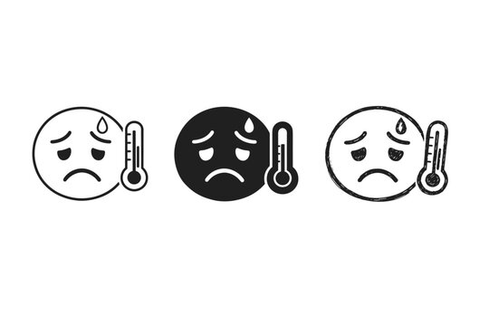 Set of three sad face emoji icons with thermometers representing fever, sickness, and illness in outline, solid, and hand-drawn styles; medical symbols for high body temperature and flu symptoms.