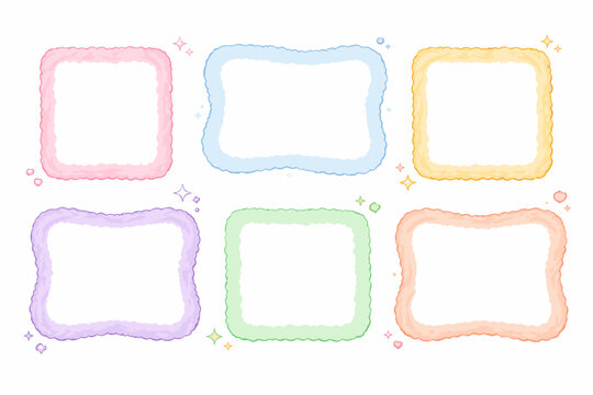 Set of Colorful Fluffy Square Frames and Wavy Textbox Shapes; Cute Pastel Borders for Messages, Quotes, and Social Media Highlights; Playful Hand-Drawn Cloud-Like Frames with Stars and Hearts