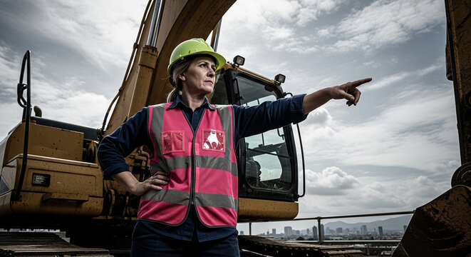 A confident female construction worker in a hard hat and high-visibility vest points forward on a job site with heavy machinery and a city skyline.