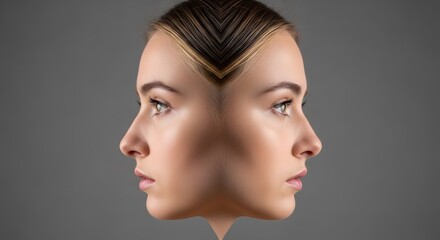 Naklejka premium Symmetrical profile of young woman with clean skin, mirrored female face in side view, conceptual beauty portrait for plastic surgery and skincare