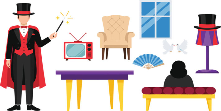 Magician performance scene with magic props wand hat table and stage elements illusion show entertainment vector illustration set