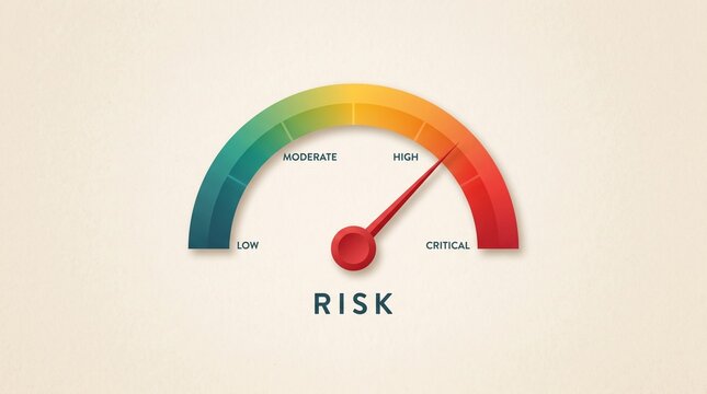 Risk Meter: Illustrative depiction of a risk assessment meter, gauging levels from low to critical, set against a simple background. Perfect for risk assessment reports, business presentations.