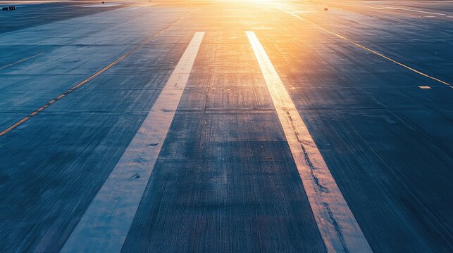 Airport runway pavement stretches forward into the warm light of the rising sun, with prominent white directional markings guiding new beginnings and global travel