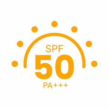 Orange SPF 50 sunscreen protection icon with sun symbol on white background