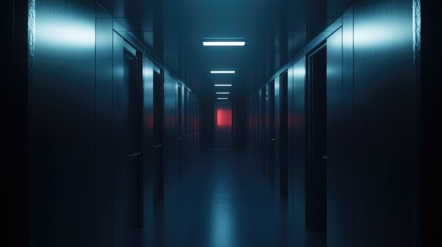 Long dark futuristic corridor bathed in blue light leads to a single vibrant red door, evoking eerie, cinematic suspense and high tech mystery in a sterile modern facility