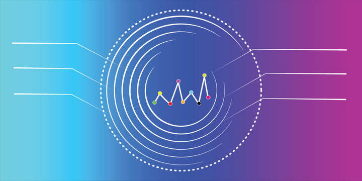 A modern infographic design featuring a central circular chart and a line graph with colorful data points. Clean white callout lines on a vibrant blue and purple gradient background