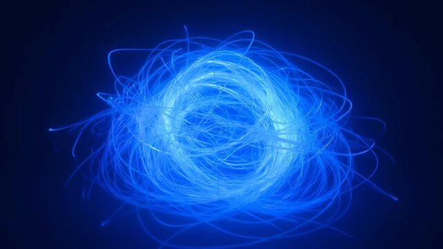 Abstract swirling vortex of glowing blue particles on a dark background with subtle light flares and energy trails representing data flow or cosmic phenomenon