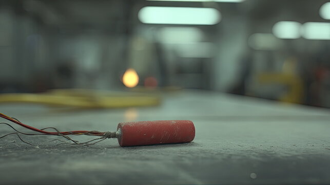 Red cylinder detonator with exposed wires on a dusty concrete surface, close up evoking danger, sabotage or industrial threat in an abandoned workshop, blurred background