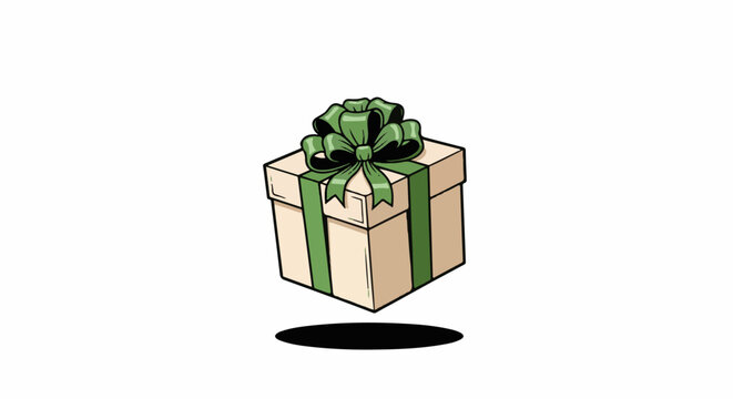 A simple cartoon gift box with a green ribbon and bow on a white background