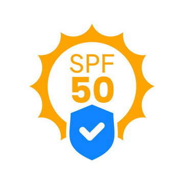 SPF 50 sun protection icon with orange sun and blue shield with white checkmark
