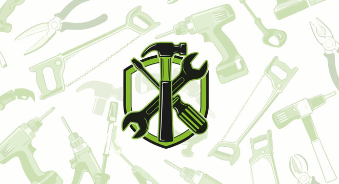 A shield emblem with tools crossed over it, set against a backdrop of tools