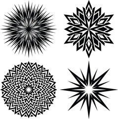 Obraz premium Set of four geometric star and sunburst elements in black and white for modern minimalist design and illustration.