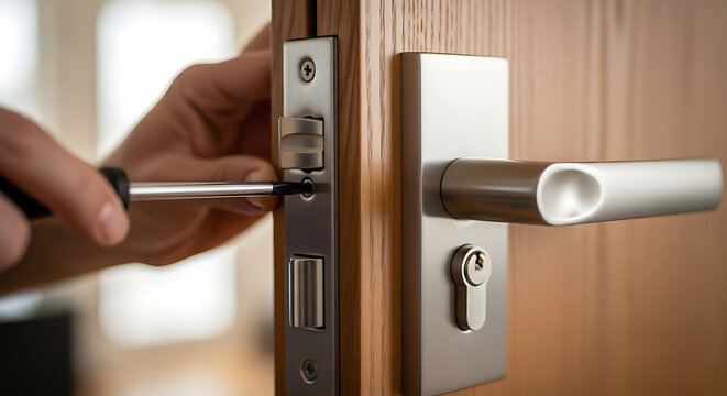 Skilled technician performing essential maintenance on a home security door lock system with precision