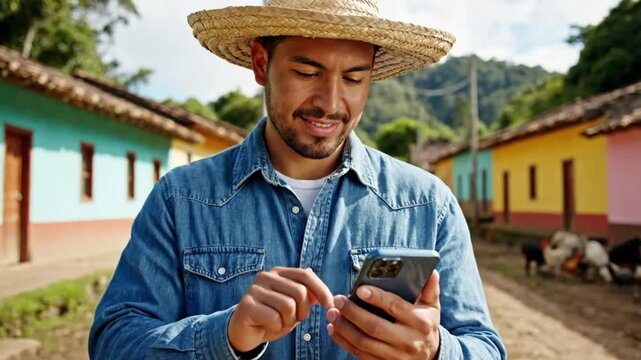 Walking farmer checking phone in colorful village street