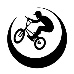 Naklejka premium silhouette of a person riding a bicycle in a crescent moon.a black silhouette of a cyclist performing a trick on a bike within a crescent moon shape, ideal for designs related to sports, fitness, and 